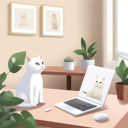 A scene with a computer, a white cat, and a Kindle on a table