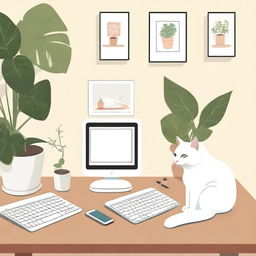 A scene with a computer, a white cat, and a Kindle on a table