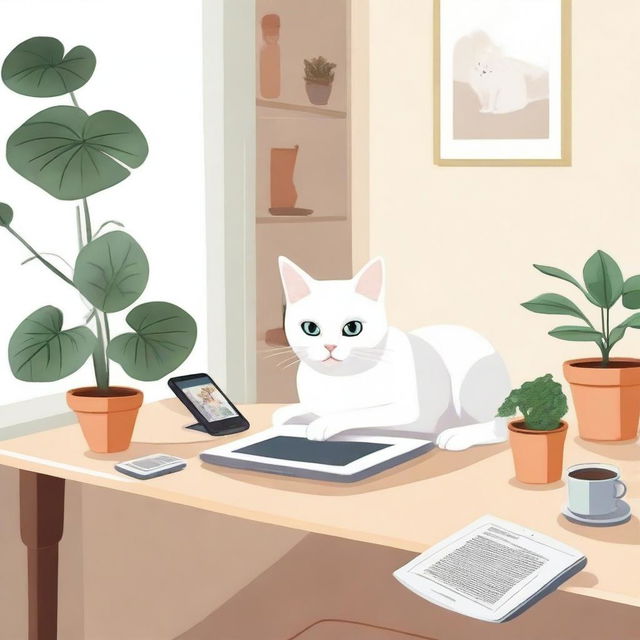 A scene with a computer, a white cat, and a Kindle on a table