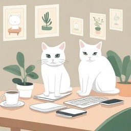 A scene with a computer, a white cat, and a Kindle on a table