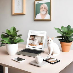 A scene with a computer displaying Cupid's Instagram, a white cat, and a Kindle on a table