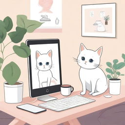 A scene with a computer displaying Cupid's Instagram, a white cat, and a Kindle on a table