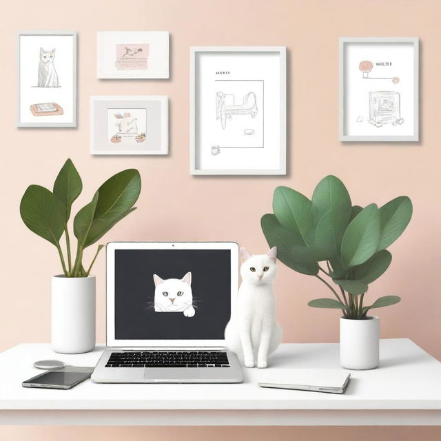 A scene with a computer displaying Cupid's Instagram, a white cat, and a Kindle on a table