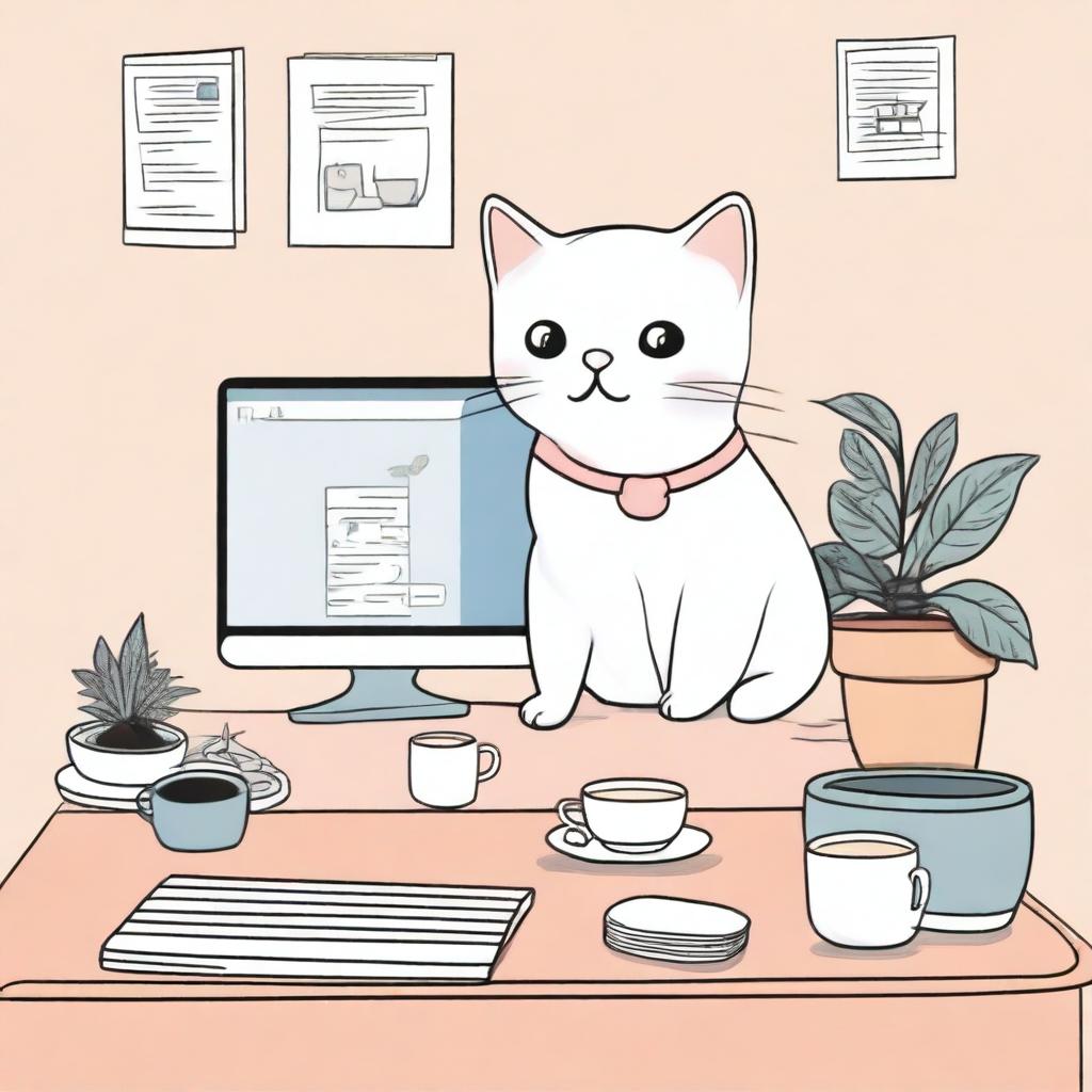 An illustration featuring a computer displaying Cupid's Instagram, a white cat, and a Kindle on a table