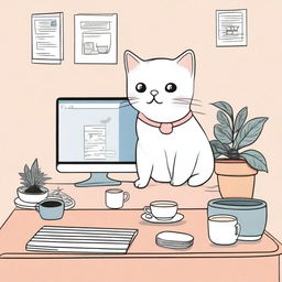 An illustration featuring a computer displaying Cupid's Instagram, a white cat, and a Kindle on a table