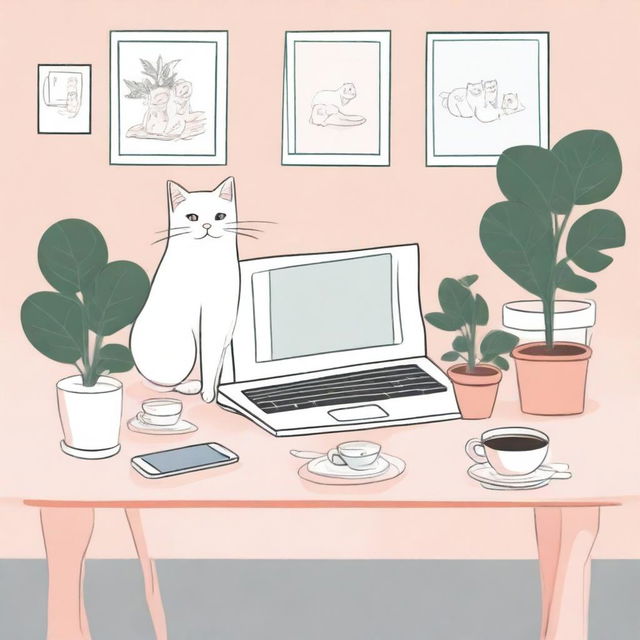 An illustration featuring a computer displaying Cupid's Instagram, a white cat, and a Kindle on a table