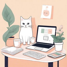 An illustration featuring a computer displaying Cupid's Instagram, a white cat, and a Kindle on a table