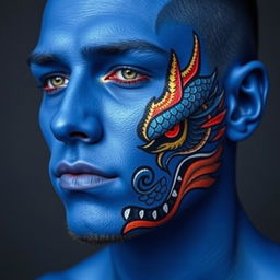 A blue-skinned male with intricate dragon face paint