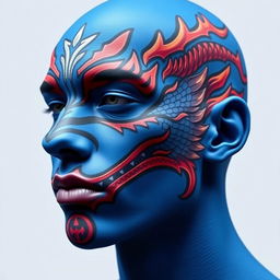 A blue-skinned male with intricate dragon face paint