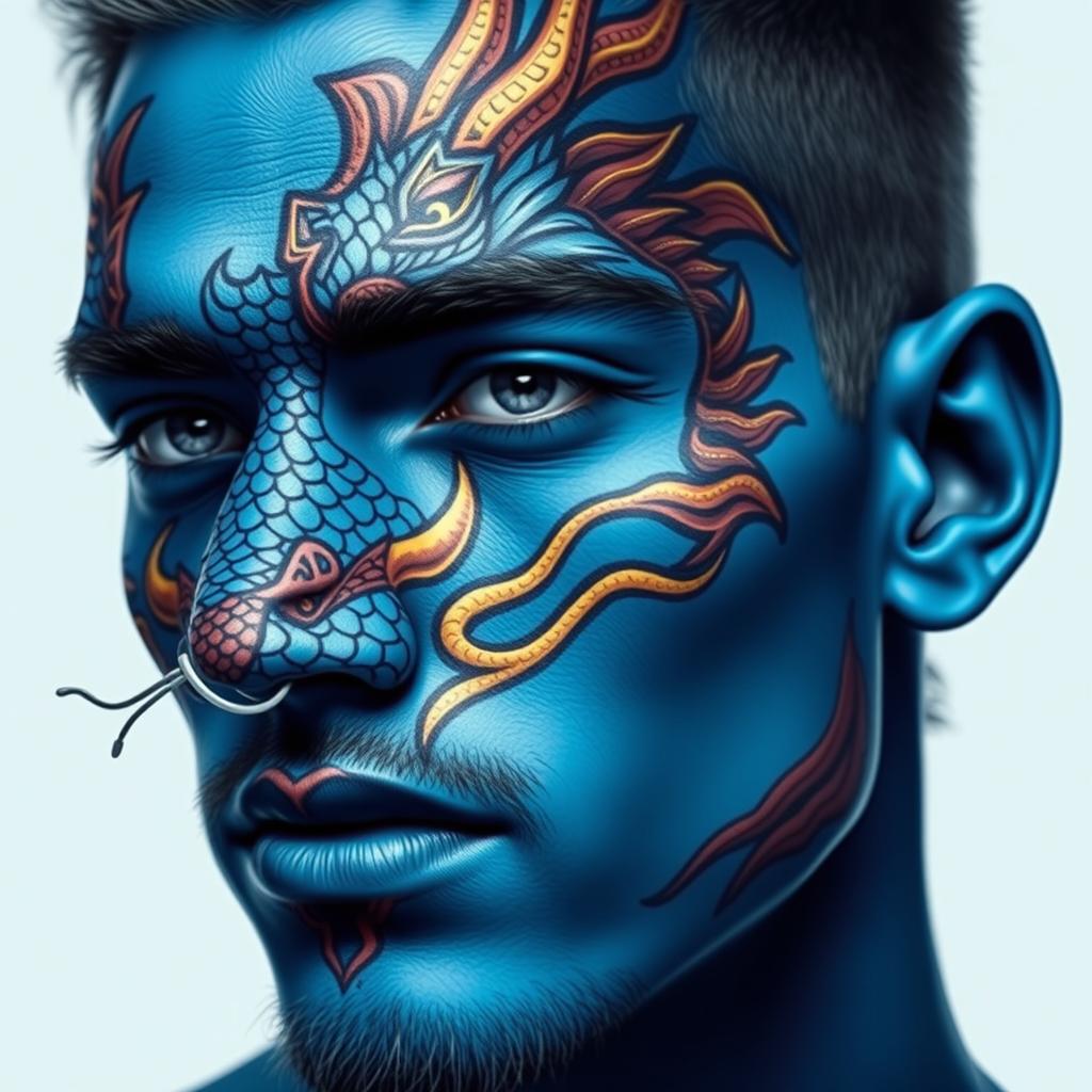 A blue-skinned male with intricate dragon face paint