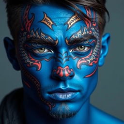 A blue-skinned male with intricate dragon face paint