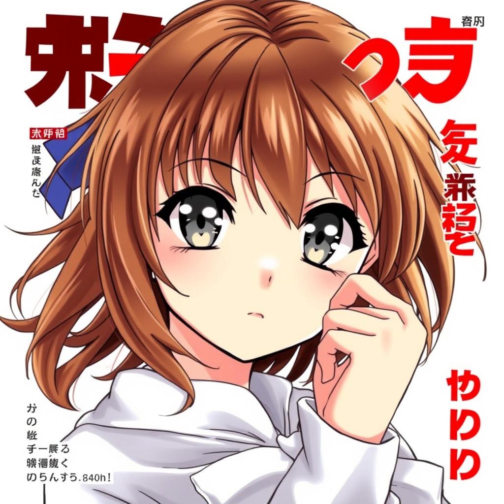 Create a manga cover featuring a girl with chestnut brown hair and gray eyes