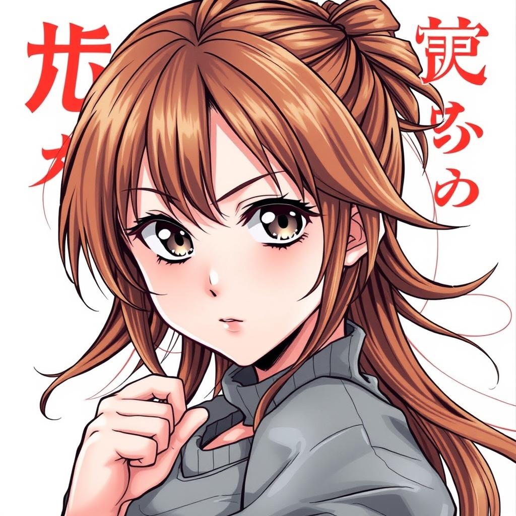 Create a manga cover featuring a girl with chestnut brown hair and gray eyes