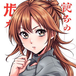 Create a manga cover featuring a girl with chestnut brown hair and gray eyes