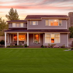 A cozy and inviting suburban family home bathed in the glow of a setting sun, with a beautifully manicured front lawn.