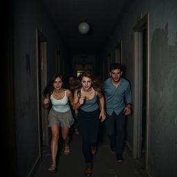 A tense scene featuring five people fleeing from an abandoned asylum