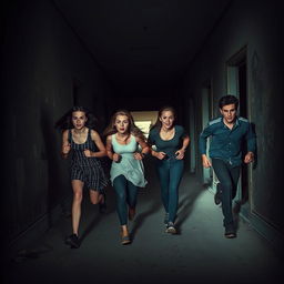 A tense scene featuring five people fleeing from an abandoned asylum