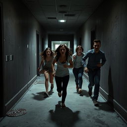 A tense scene featuring five people fleeing from an abandoned asylum