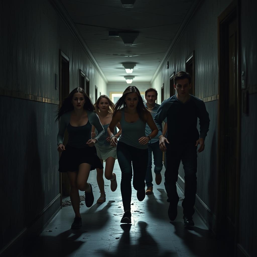 A tense scene featuring five people fleeing from an abandoned asylum