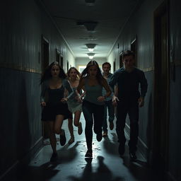 A tense scene featuring five people fleeing from an abandoned asylum