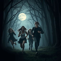 A suspenseful scene of five people escaping from an asylum into a dark forest