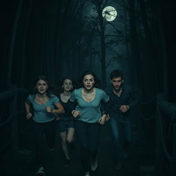 A suspenseful scene of five people escaping from an asylum into a dark forest