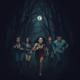 A suspenseful scene of five people escaping from an asylum into a dark forest