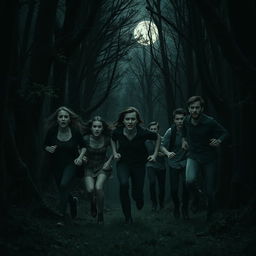 A suspenseful scene of five people escaping from an asylum into a dark forest