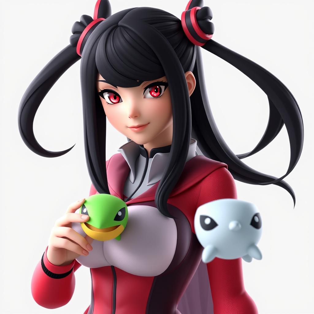 A high-quality 3D render of a woman with long black twintails and red eyes