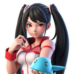 A high-quality 3D render of a woman with long black twintails and red eyes