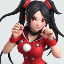 A high-quality 3D render of a woman with long black twintails and red eyes