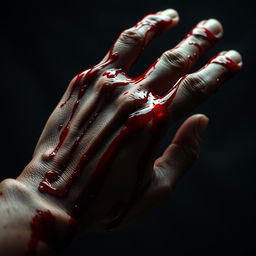 A close-up of a hand covered in dripping blood