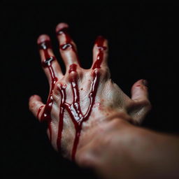 A close-up of a hand covered in dripping blood