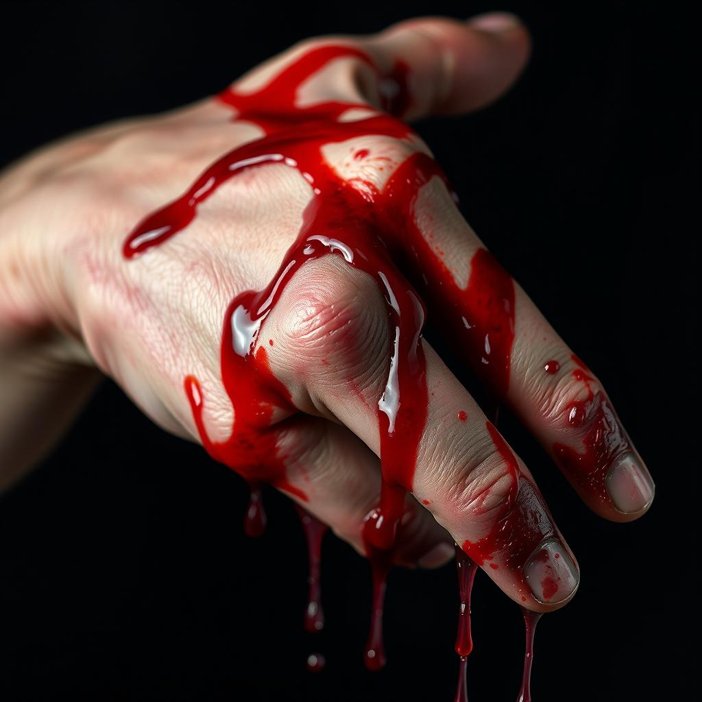 A close-up of a hand covered in dripping blood