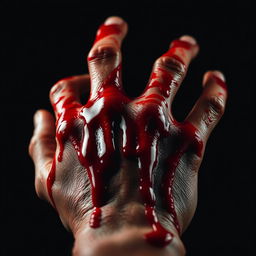 A close-up of a hand covered in dripping blood