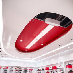 A false ceiling design in a sports shoe store with white and red colors