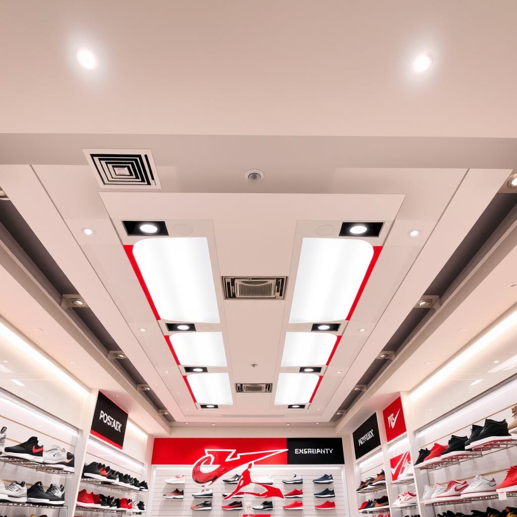 A false ceiling design in a sports shoe store with white and red colors