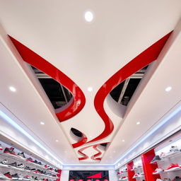 A false ceiling design in a sports shoe store with white and red colors