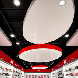 A false ceiling design in a sports shoe store with white and red colors