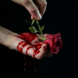 A close-up of a hand turned downward, covered in dripping blood, holding a rose