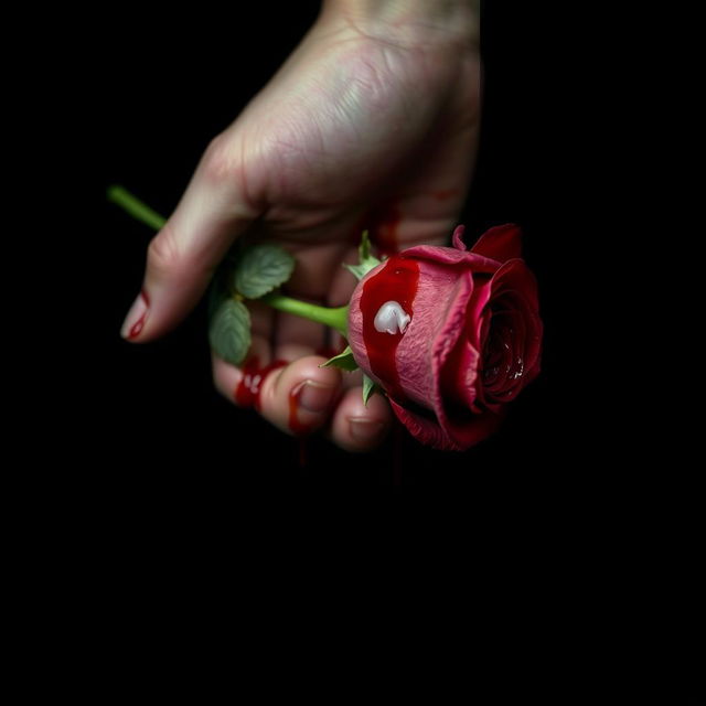 A close-up of a hand turned downward, covered in dripping blood, holding a rose