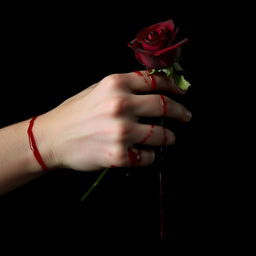 A close-up of a hand turned downward, covered in dripping blood, holding a rose