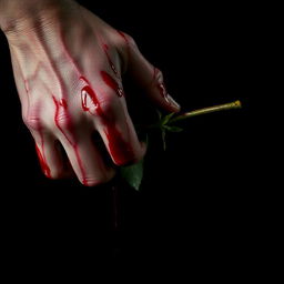 A close-up of a hand turned downward, covered in dripping blood, holding a rose