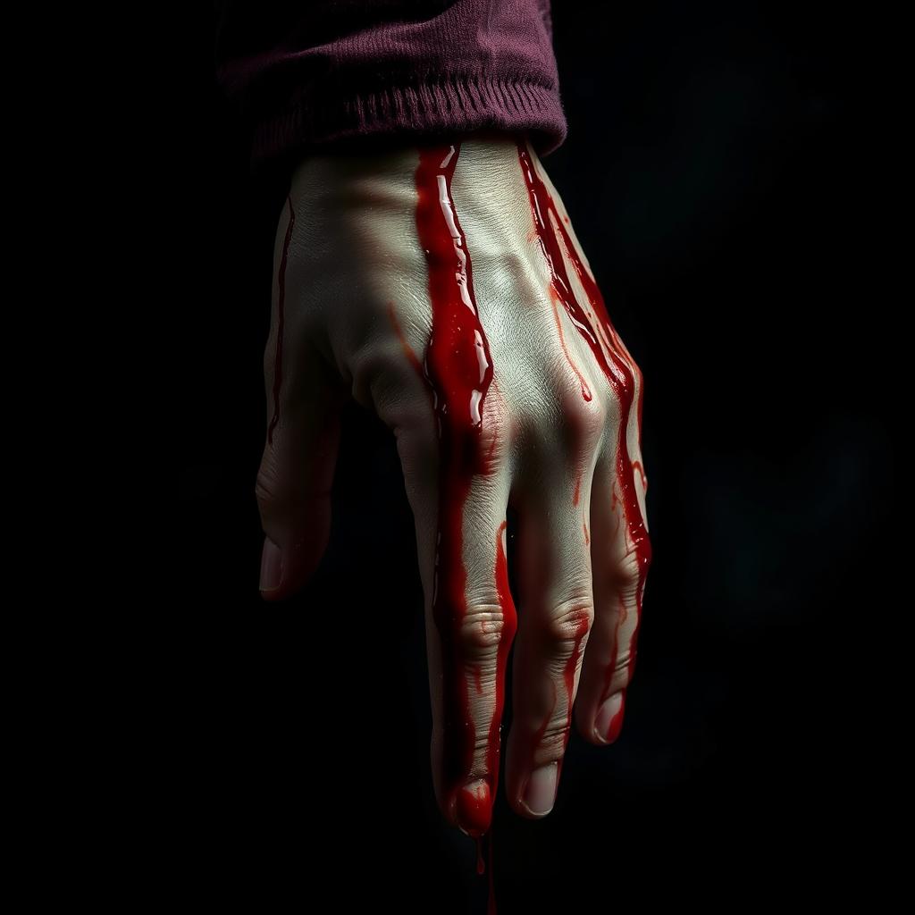 A close-up of a hand turned downward, covered in dripping blood, holding a knife