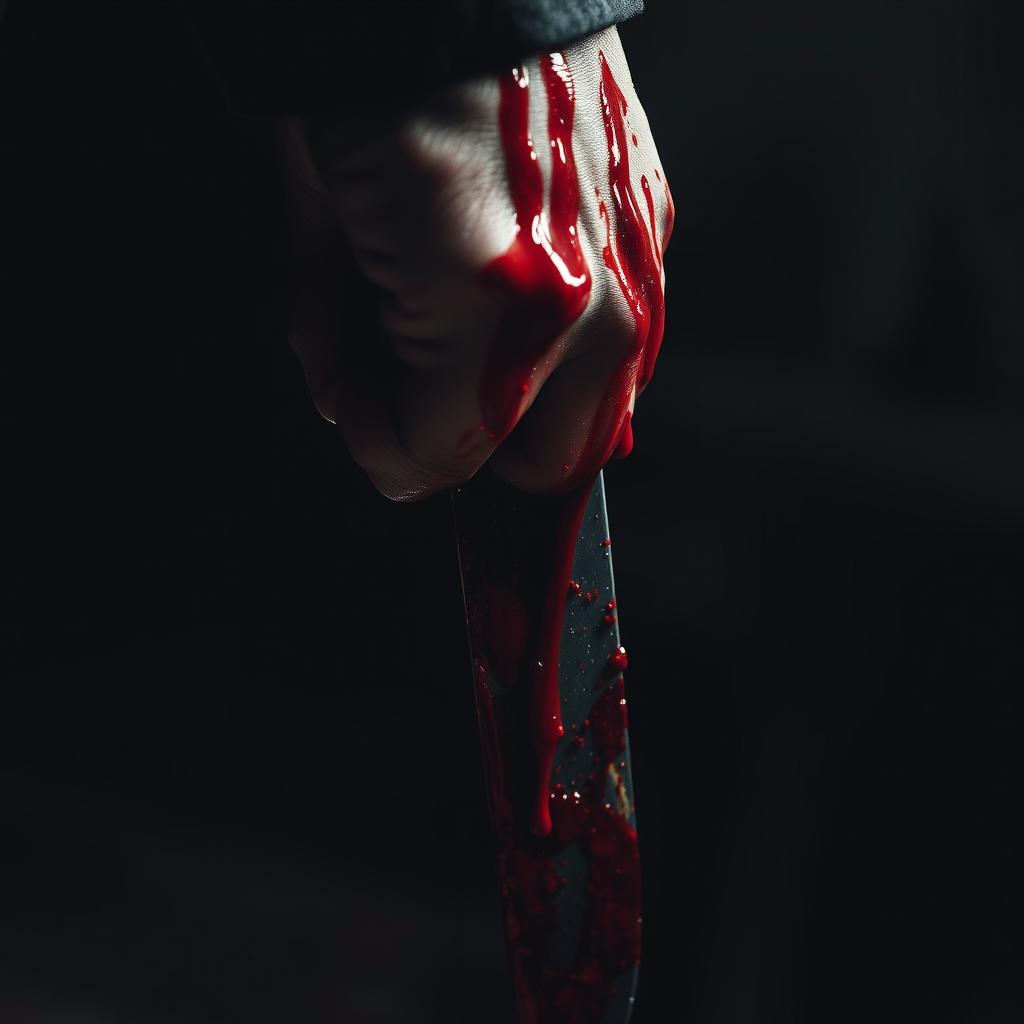 A close-up of a hand turned downward, covered in dripping blood, holding a knife