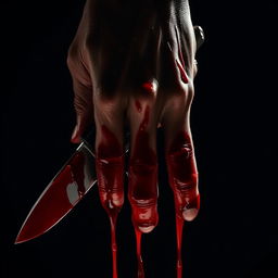 A close-up of a hand turned downward, covered in dripping blood, holding a knife