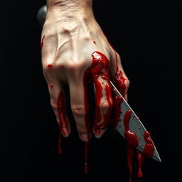 A close-up of a hand turned downward, covered in dripping blood, holding a knife