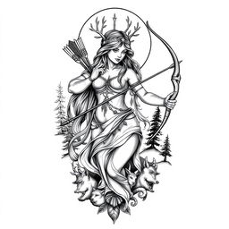 A detailed tattoo design of Artemis, the Greek goddess of the hunt, wilderness, and moon