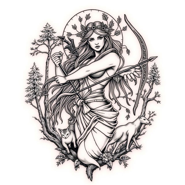 A detailed tattoo design of Artemis, the Greek goddess of the hunt, wilderness, and moon