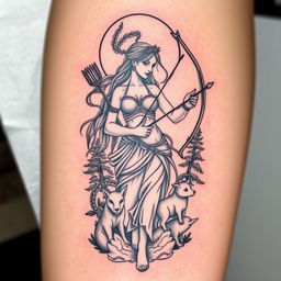 A detailed tattoo design of Artemis, the Greek goddess of the hunt, wilderness, and moon